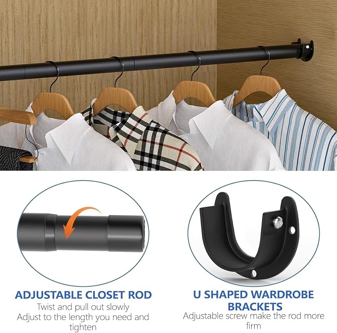 SUTINE Closet Rod, 17 to 38 Inch Adjustable Closet Bar for Hanging Clothes, Heavy Duty Clothes Hanging Rod Closet Poles for Wardrobe, Laundry, Bathroom, Windows, Matte Black, 1.3 Inch Diameter