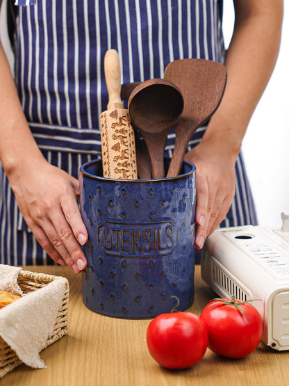 GDCZ 7 Inch Utensil Holder, Ceramic Utensil Crock for Countertop, Cooking Tool Organizer for Kitchen Counter, Farmhouse Kitchen Decor (Blue)