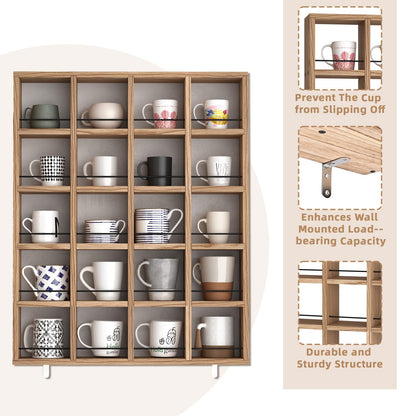 WYJREES Wooden Coffee Mug Display Rack, Wall Mounted Coffee Cup Display Shelf, Hold 24 Mugs, Rustic Shot Glass Display Case, Coffee Mug Holder Organizer for Kitchen, Coffee Station (23.6 * 29.5in)