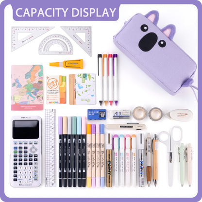 CICIMELON Cartoon Pencil Case, Large Capacity Pen Pouch with Embroidered Animal Design, School Supplies Bag for Kids, Teens, Students (Purple Koala)