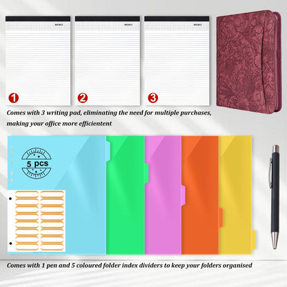 Leathario Portfolio Binder, Includes 5 Folder Index Dividers and 3 Notepads, 3-Ring Folder Organizer, Padfolio with Zipper, Vegan Leather Tablet Sleeve, Business Office Conference Clipboards