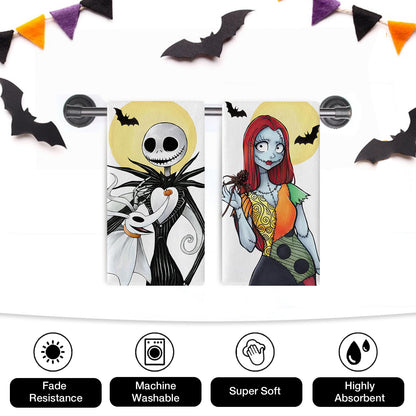 Seliem Jack Kitchen Dish Towels Set of 2, Spooky Sally Hand Towels Drying Baking Cooking Cloth Halloween Christmas Gifts, Funny Ghost Skull Moon Bat Home Kitchen Decor 18 x 26 Inch