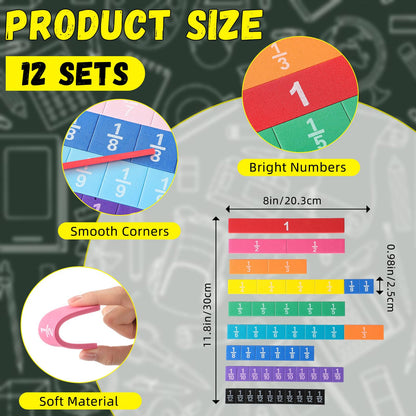 Sayglossy 12 Sets Fraction Tiles Set for Classroom Rainbow 11.8 x 8 in Fraction Strips Bars Math Manipulatives Montessori Math Materials for Home Learning School Educational (Vivid Color)