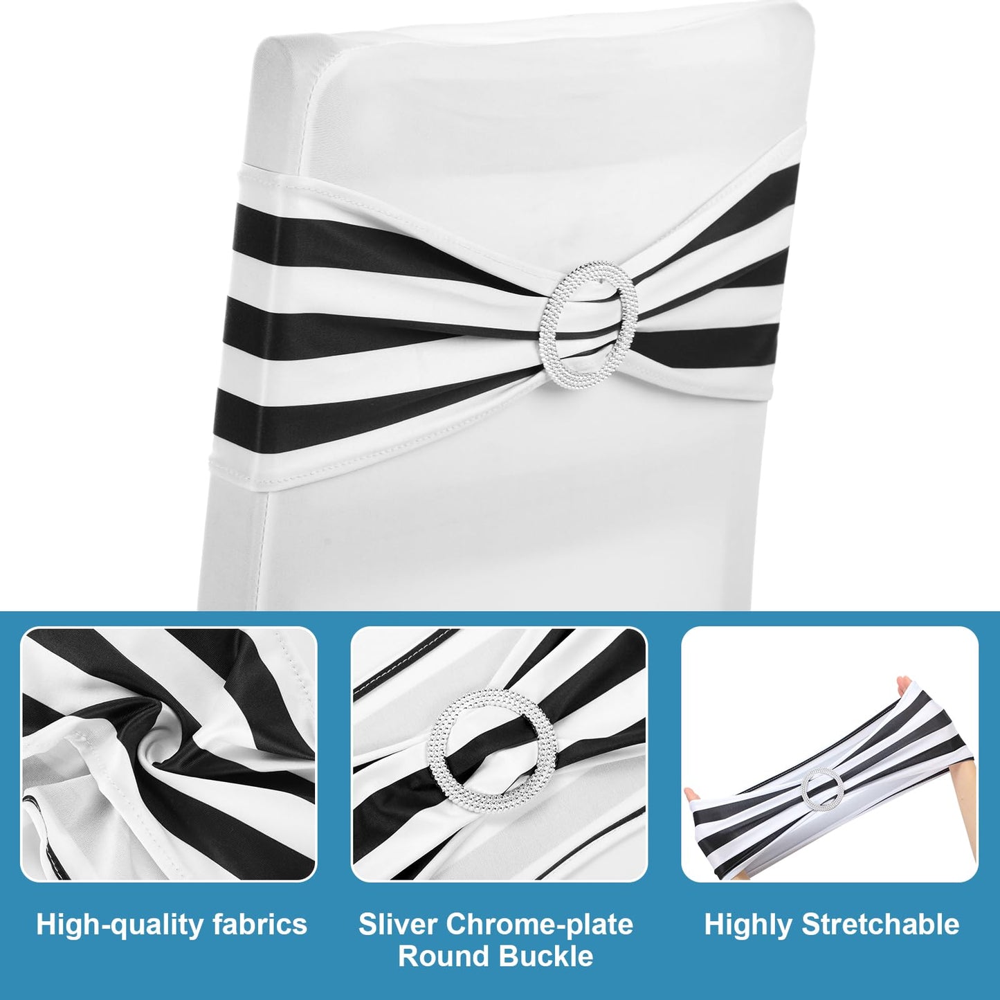 Newwiee 108 Pcs Stretch Chair Sashes with Table Runners, Sashes Fringe Table Runner for Party Wedding Reception Banquet Decorations (Black and White)