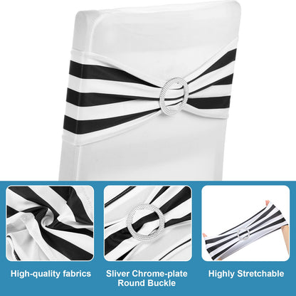 Newwiee 108 Pcs Stretch Chair Sashes with Table Runners, Sashes Fringe Table Runner for Party Wedding Reception Banquet Decorations (Black and White)
