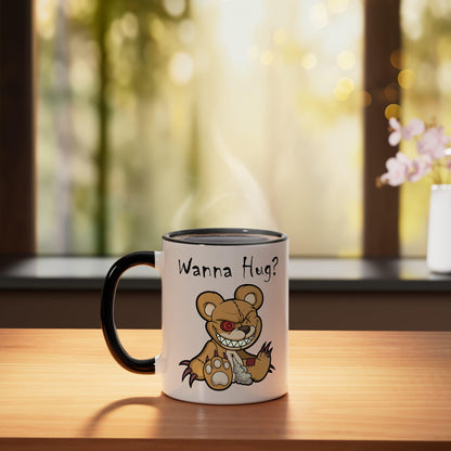 Evil Scary Teddy Bear Wanna Hug Cute Halloween Teddy Bear Ceramic Mug, Black/White