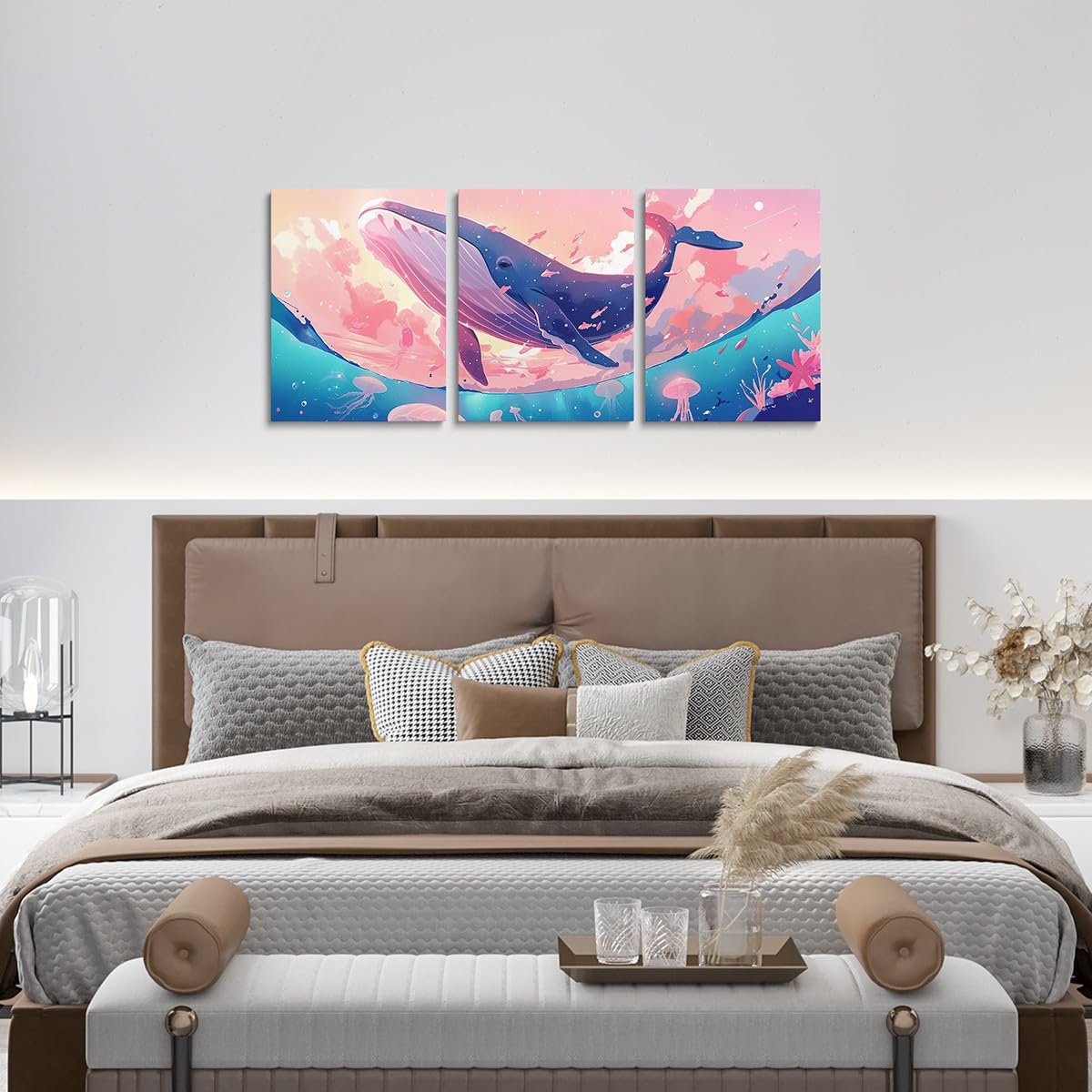 Feelyou Pretty Whale 3 Piece Canvas Wall Art for Living Room Bedroom Jellyfish Wall Art for Home Decor Ocean Animal Office Wall Decor Dreamy Pink Sky Wall Painting