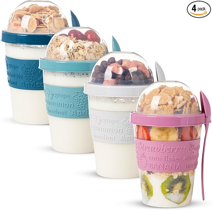 4 Pack Reusable On The Go Yogurt Parfait Cups, Breakfast Plastic Containers with Lids and Spoons, Perfect Jars for Overnight Oats Cereal Granola Oatmeal Smoothies and Snack Prep