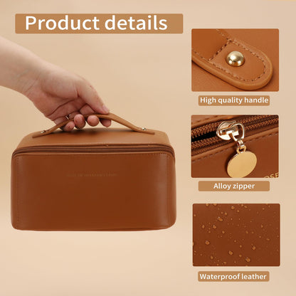 zaleeta 3 Pcs Travel Makeup Bag Portable Large Capacity Cosmetic Bags for Women Open Flat Makeup Case Organizer Bag Set of 3 Waterproof PU Leather Toiletry Bags with Divider and Handle (Brown, Medium)