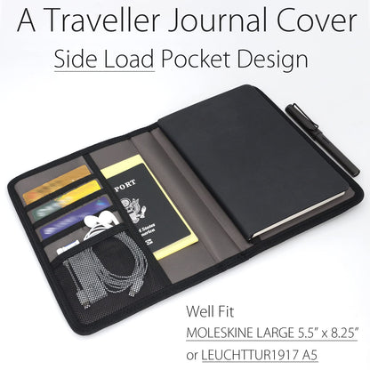 diodrio Journal Notebook Cover for Travel 5.5 x 8.25 A5 Moleskine LEUCHTTURM 1917 Journal Notebook Planner Sketchbook Legal Pad, refillable, Water Resistant, Elastic Band, Inner Pockets, Black