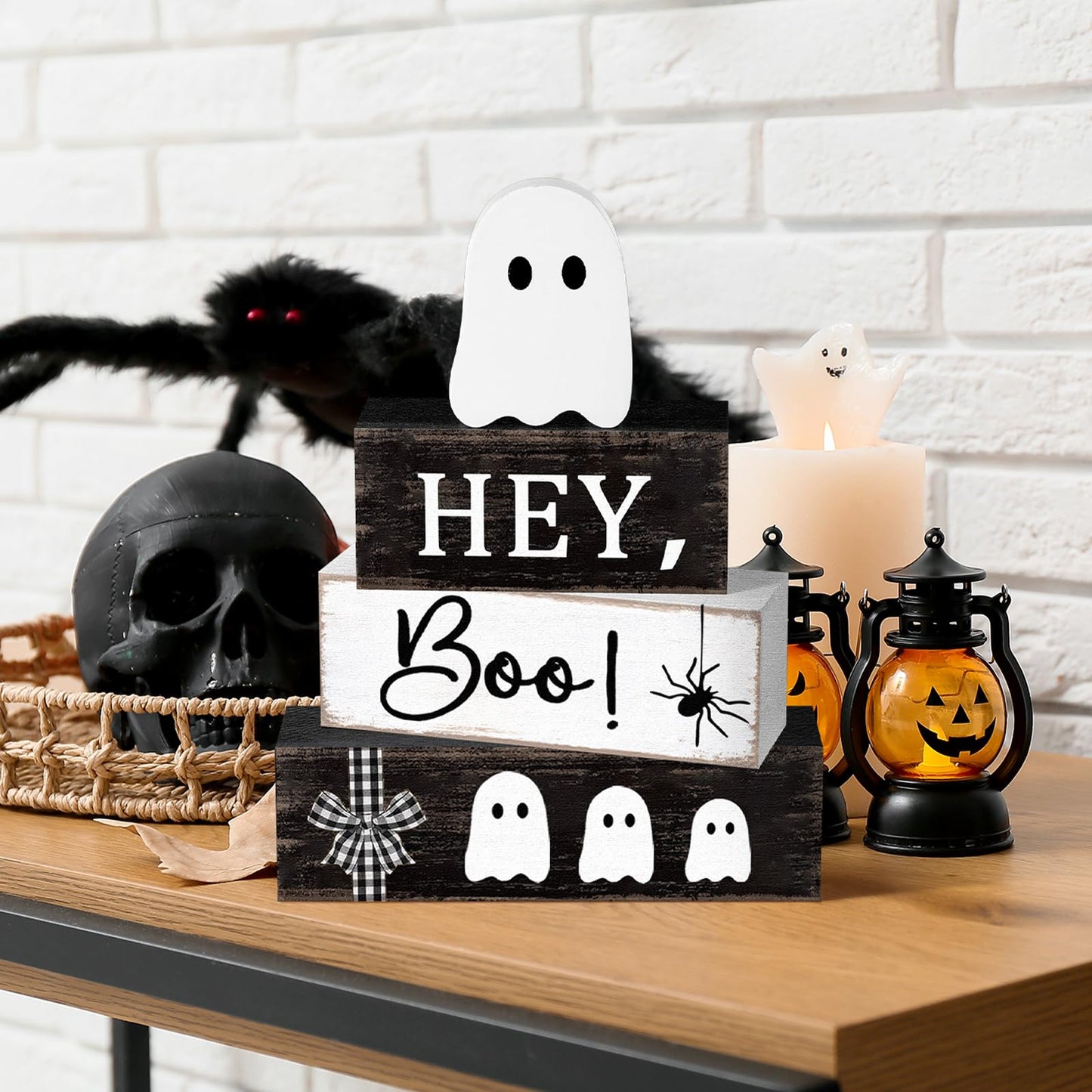 Cinnvoice 4 Pcs Halloween Table Decorations Ghost Tiered Tray Decor Farmhouse Ghost Tabletop Centerpiece Rustic Wooden Block Sign Gift Halloween Decor for Home Office Mantel Kitchen Shelf(Pretty)