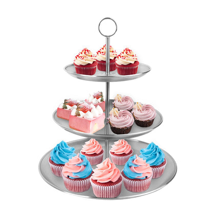 LIAISIMI 3 Tier Silver Cupcake Stand Stainless Steel Dessert Display Rack with Removable Tiered Tray for Parties,Weddings,Birthdays,Decorations,Any Festivals and Festivities(Stainless Steel Pole)