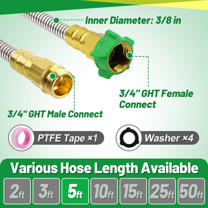 Short Garden Hose with Male to Female Connector - 5ft Metal Leakproof Leader Hose for Reel, Heavy Duty 304 Stainless Steel Flexible Water Pipe for Outdoor Garden Watering Car Pet Cleaning
