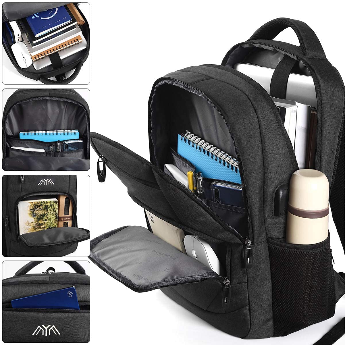 YAMTION School Backpack for Men Women Teen Boys,Bookbag Laptop Backpack with USB Port and Headphone Jack Water Resistant College SchoolBag for School Business Travel