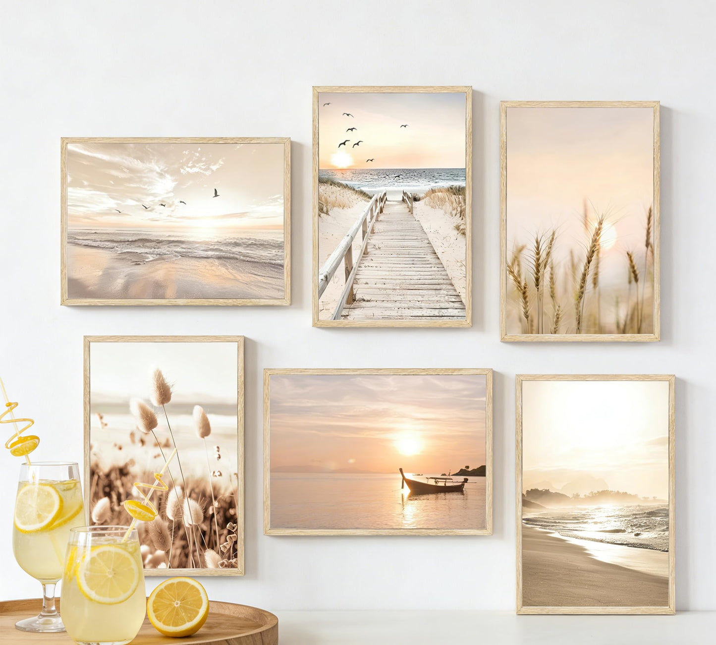 Beach Wall Art Boho Coastal Wall Decor, Neutral Beige Ocean Beach Pictures Wall Art, Set of 6 Minimalist Nature Grass Prints for Bedroom Bathroom Living Room, Unframed Canvas Posters 12x16in