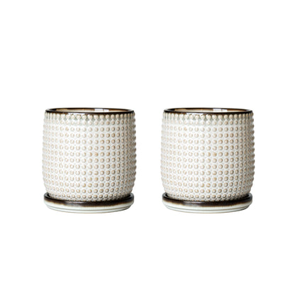 D'vine Dev Set of 2 Ceramic Plants Pots, 4 Inch Beaded Stoneware Flower Pot for Plants with Drainage Hole and Saucer, Smoked White, 27-E-Z-1
