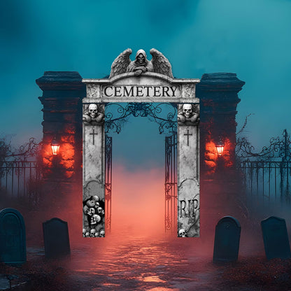 BrightRow Halloween Decorations 3 Pcs Gothic Graveyard Door Frame Archway Banner, Grim Reaper Backdrop Polyester Hanging Banner with PVC Rope for Indoor Outdoor Haunted House Party Supplies