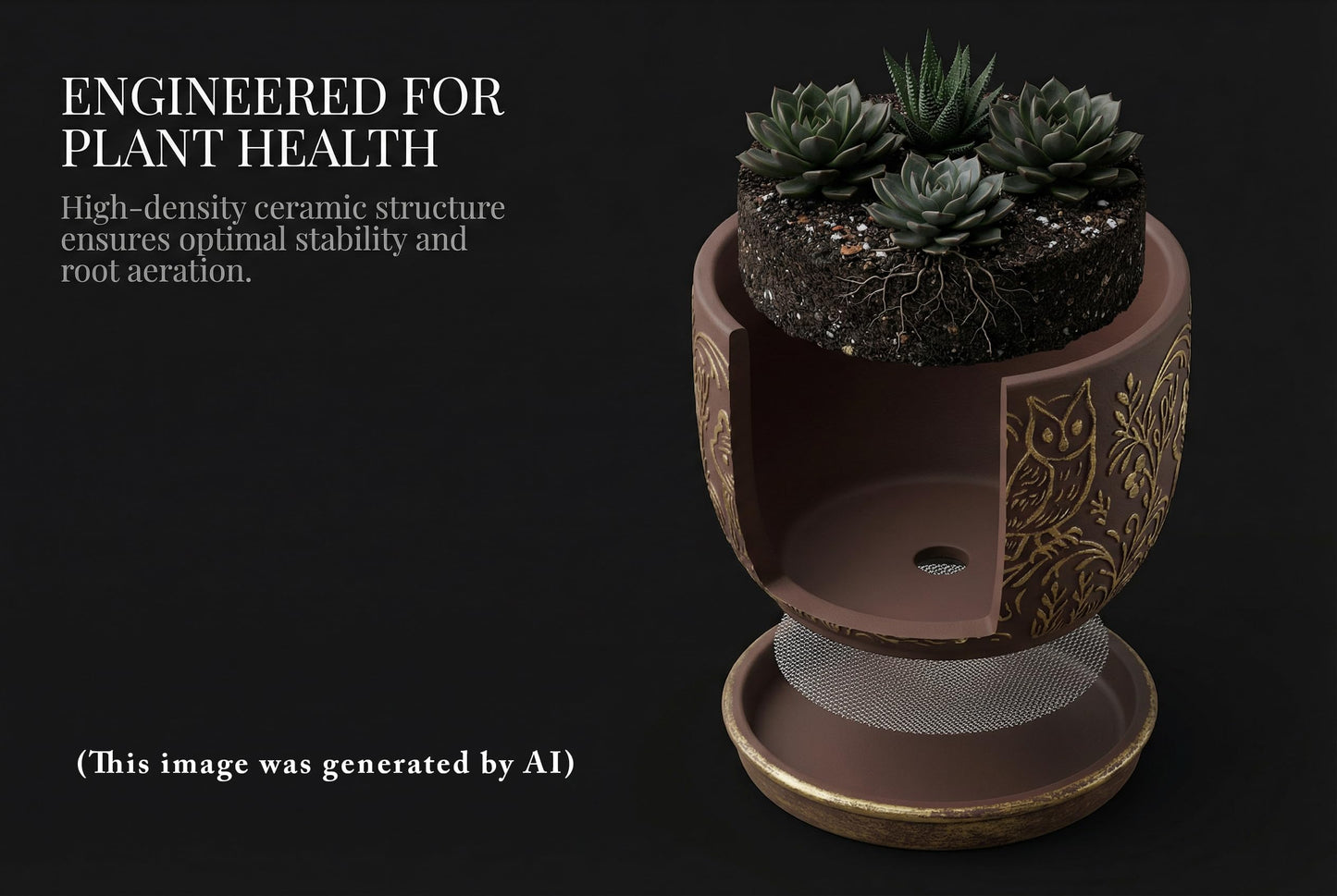 Decorative Ceramic Planter Pot with Saucer, Brown with Gold and Silver Owl Pattern, Indoor Garden Container with Drainage (G&S, 6 inch)