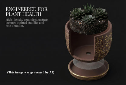 Decorative Ceramic Planter Pot with Saucer, Brown with Gold and Silver Owl Pattern, Indoor Garden Container with Drainage (G&S, 6 inch)