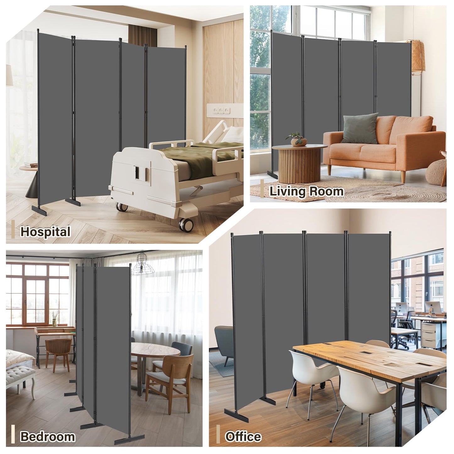 AKTOP Room Divider 4 Panel, 80" W Portable Wall Divider for Room Separation, Freestanding Partition Room Dividers, Folding Room Separators Privacy Screens for Home Office Bedroom, Grey