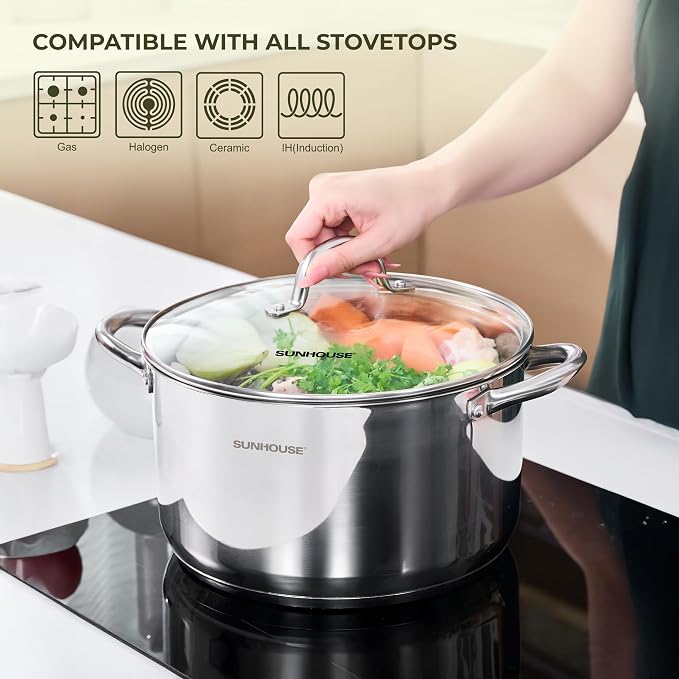 Sunhouse Stock Pot with Lid - 16 QT Large Pot for Cooking Pasta, Soup, Spaghetti - Impact Bonding Base Big Stainless Steel Pots for Canning, Boiling - Oven Safe & Induction Compatible Cookware