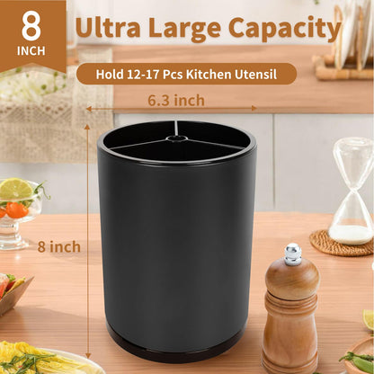 Nigelia Extra Large Kitchen Utensil Holder, 360° Rotating Stainless Steel Cooking Utensil Holder for Countertop, 3 Compartment Flatware Organizer & Cooking Caddy with Removable Base（Black）