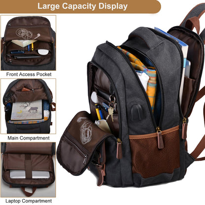 Mactso Canvas Travel Laptop Backpack for Men Women, Business Work Rucksack College Computer Bag Fits 17.3 Inch Notebook,Bookbag with USB Charging Port (Black, 17.3 Inch)