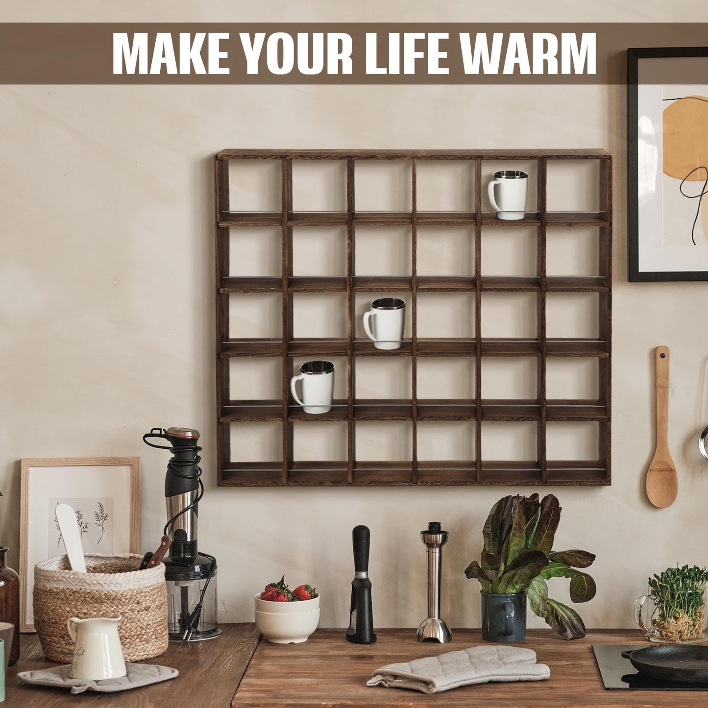 Kigley Oversize Coffee Mug Display Rack Wooden Shelves Rustic Shot Glass Display Case Travel Mug Shelf Wall Mounted Rack Holder Shadow Box(5 x 6,Dark Brown)
