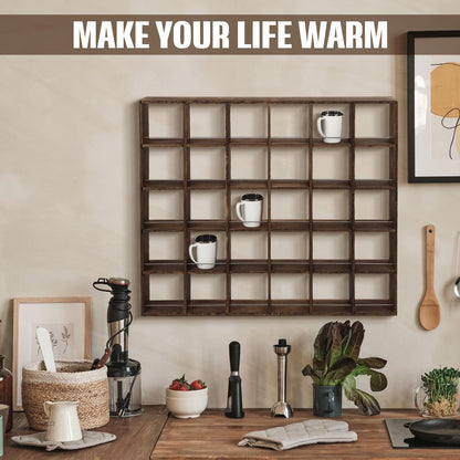 Kigley Oversize Coffee Mug Display Rack Wooden Shelves Rustic Shot Glass Display Case Travel Mug Shelf Wall Mounted Rack Holder Shadow Box(5 x 6,Dark Brown)