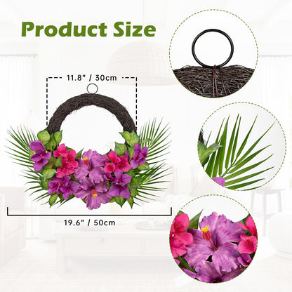 Briful Tropical Floral Wreath for Front Door, 19.6" Artificial Pink & Purple Hibiscus Flower Wreath with Palm Leaves, Summer Spring Wreaths for Wall Mantle Window Home Porch Decor