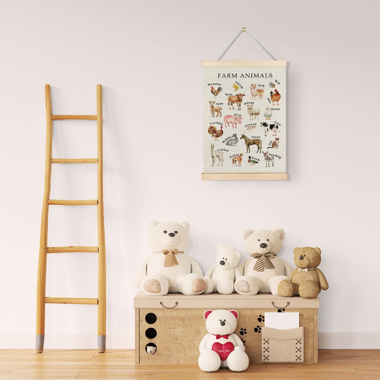 Qvapt Farm Animal Alphabet Wall Art Poster Hanger Frame, ABC Educational Farmhouse Animals Wall Art With Wooden Poster Hanger for Kids Room Nursery Playroom Classroom Decorations, 12x16 Inch