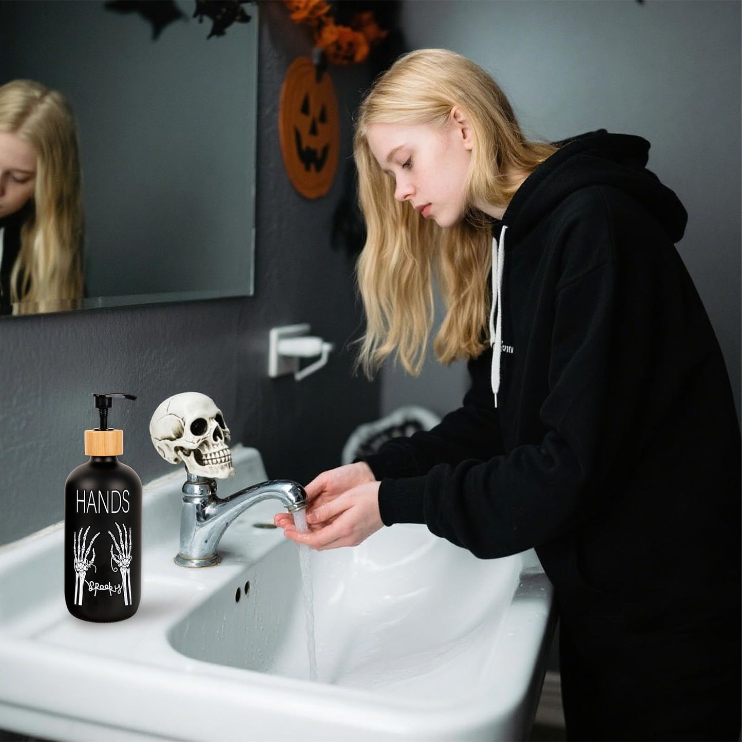 Whaline 2 Pcs Halloween Soap Dispenser Black Spooky Skeleton Hand Glass Soap Dispenser with Pump Refillable Liquid Container for Trick or Treat Home Kitchen Decor