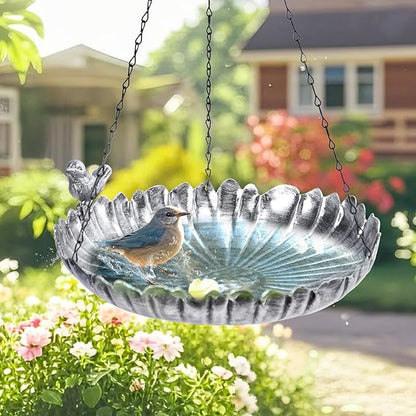 MUMTOP Hanging Bird Baths for Outdoors - Metal Bird Bath, 11.6 Inch Flower Shape Birdbath Bird Feeder Bowl for Outside, Garden, Lawn Yard Decor(Silver)