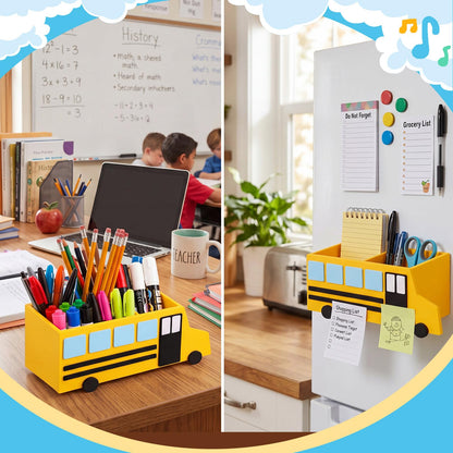 ReliThick Teacher Magnetic Pen Holder Magnetic School Bus Desk Organizer, Teacher Appreciation Gifts, Dry Erase Marker Holder with 4 Strong Magnets, Classroom Decor & Storage Bin