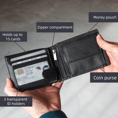 KAIDUCHKDC Mens Trifold Wallet with 3 ID Window & 15+ Card Slots, PU Leather Bifold Wallet for Men, Multi-Card Holder with Double Stitched for Business Travel, Black