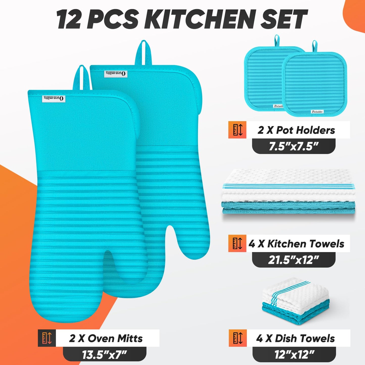 Oven Mitts Kitchen Towels and Dishcloths with Pot Holders Sets, Oven Gloves Hot Pads 500°F Heat Resistant with Silicone Grip, Include 2 Cooking Gloves/2 Potholders/4 Kitchen Towels/4 Dish Towels