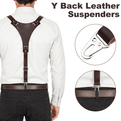 Cuffbow Men's Leather Suspender Adjustable Y Back Leather Suspender with Adjustable Size Straps for Men Father's Day Wedding Steampunk Harness