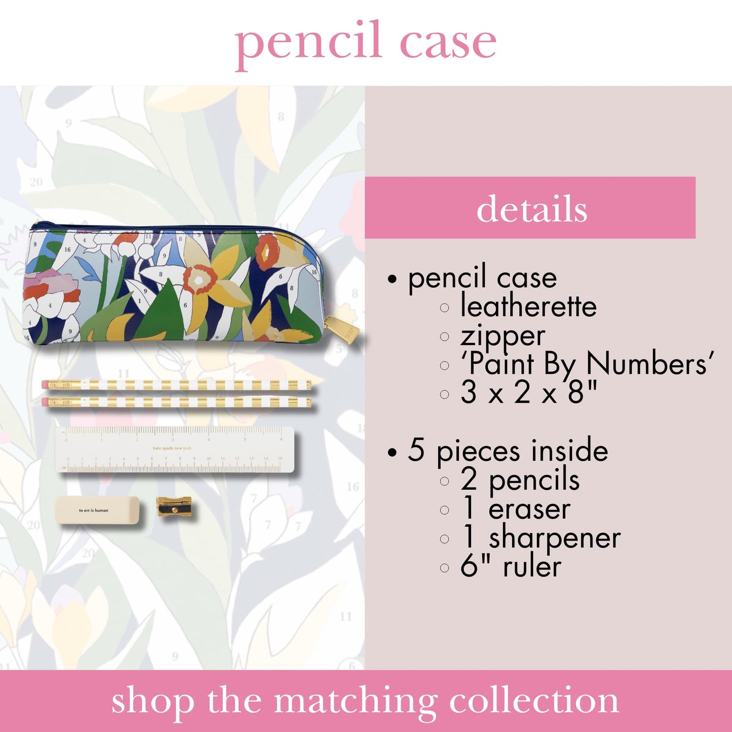 kate spade new york Pen and Pencil Case with Office Supplies, Zip Pouch Includes 2 Pencils, Sharpener, Eraser, and Ruler, Paint by Numbers