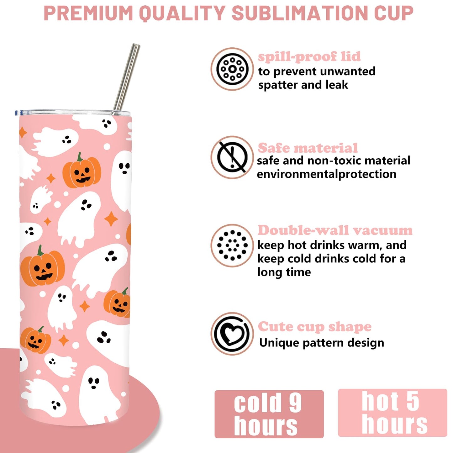 JarThenaAMCS Halloween Tumbler with Straw Lid Pink Boo Ghost Pumpkin Stainless Steel Cup for Birthday Baby Shower Trick or Treat Party Gifts, 20 Oz