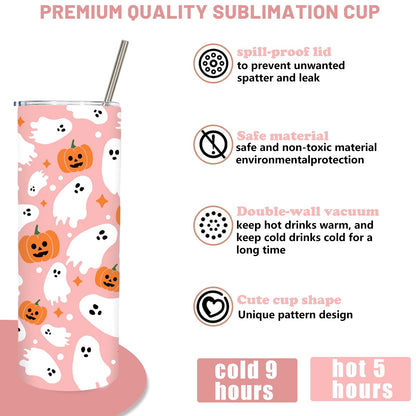 JarThenaAMCS Halloween Tumbler with Straw Lid Pink Boo Ghost Pumpkin Stainless Steel Cup for Birthday Baby Shower Trick or Treat Party Gifts, 20 Oz