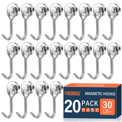 FINDMAG Magnetic Hooks, 30lbs+ Magnetic Hooks Cruise Ship Essentials 2026 Strong Magnet Hooks Heavy Duty, Magnets with Hooks for Fridge, Kitchen, Classroom, Garage, Grill (20 Pack, Silver)