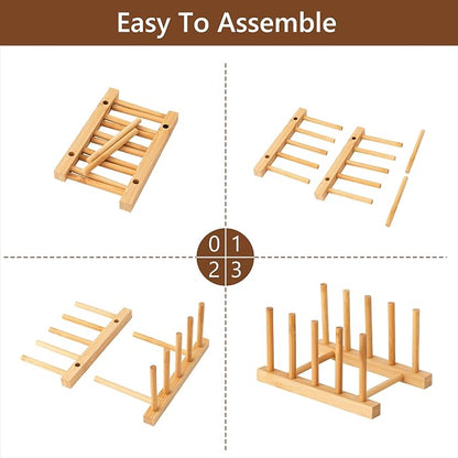 HBlife 4pcs Bamboo Dish Plate Bowl Cup Book Pot Lid Cutting Board Drying Rack Stand Drainer Storage Holder Organizer Kitchen Cabinet（Keep Dry）