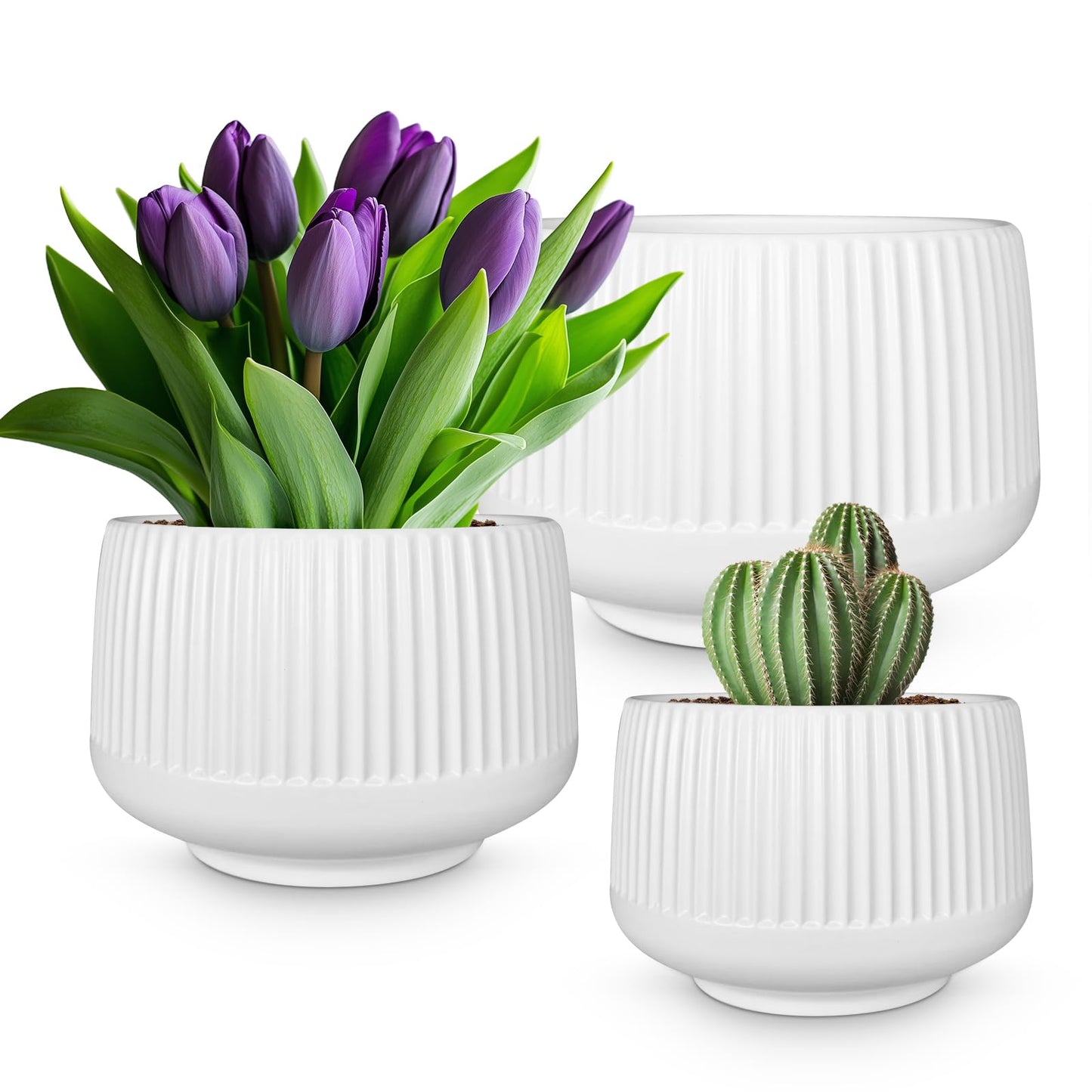 OXART Ceramic Plant Pot, 12+9+6.6 inch Large Plant Pot with Drainage, 3 Piece Planters for Indoor Plants, Modern Decor Home Office Garden Flower Pots for Indoor Outdoor Plant Set, White