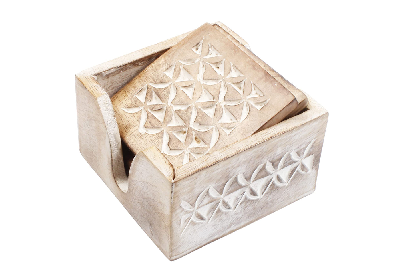 Wooden Set of 6 Whitewash Coasters with Holder Stand | White Distressed Coasters for Tea, Coffee & Drinks | Dining Table & Home Décor