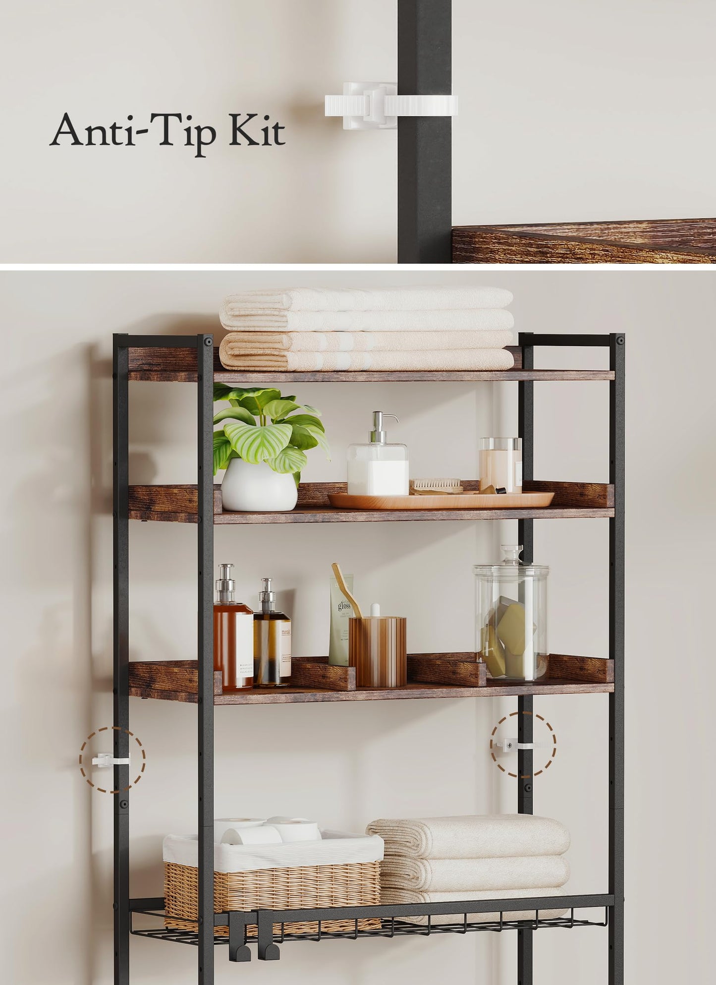 Quikraen 4 Tier Over The Toilet Storage Shelf with 3 Adjustable Shelves, Space Saver Bathroom Organizer with 4 Hooks, Freestanding Above Toilet Rack for Restroom Laundry (Brown)