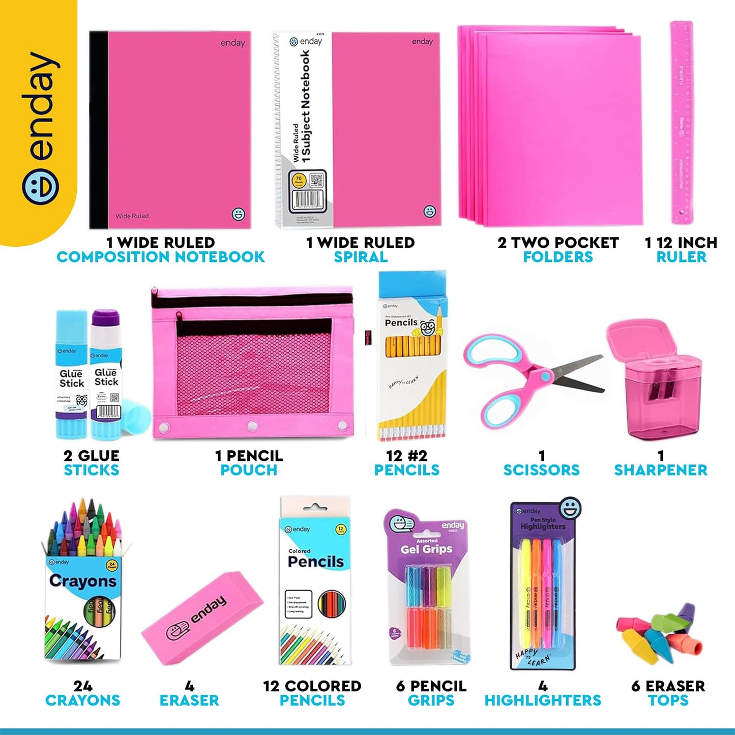 Enday Back to School Supplies for Kids, Pink School Supply Box Grades K-5, Premium Quality Kids School Supplies Kit, Kindergarten School Supplies for Girls and Boys, 71 Piece Set