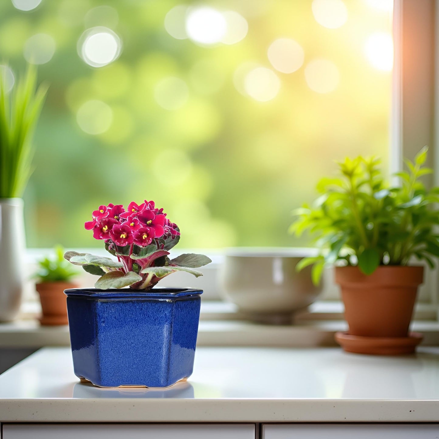 Dphagesy African Violet Pots 6 inch Hexagon Self-Watering Ceramic Violet Pots 4.50'' Opening (Blue)