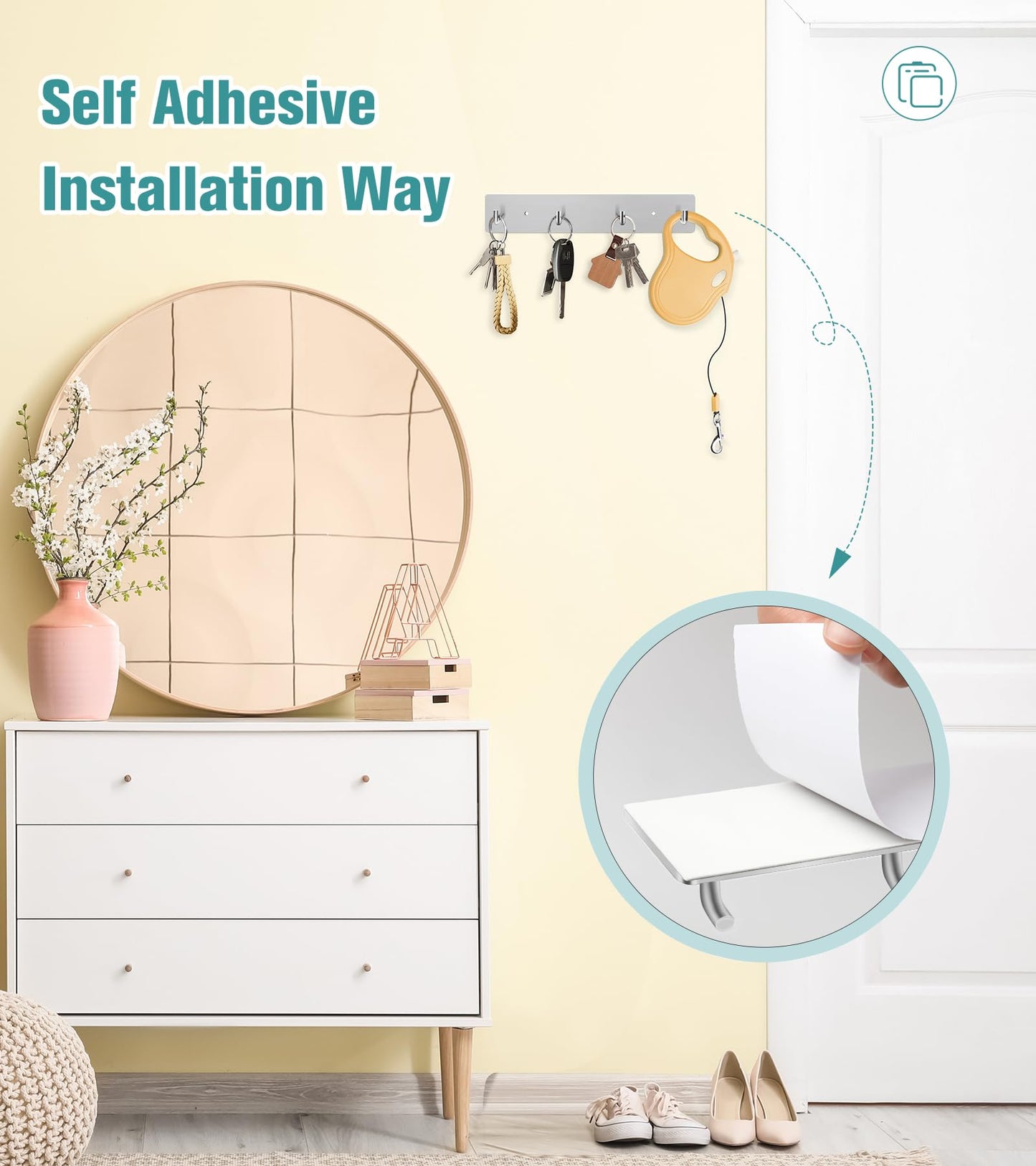 RELBRO Key Holder Wall Mount, Large Metal Self Adhesive Key Rack with 4 Hooks, 2 Installation Options, Silver