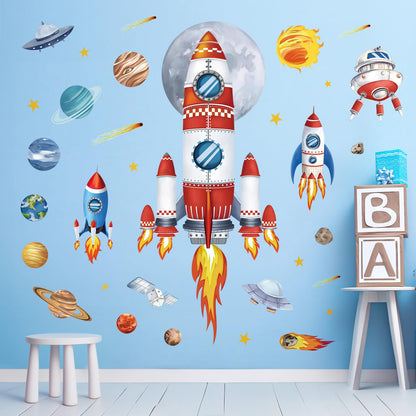 decalmile Outer Space Rockets Wall Decals Planets Stars Solar System Wall Stickers Baby Nursery Boys Bedroom Playroom Wall Decor