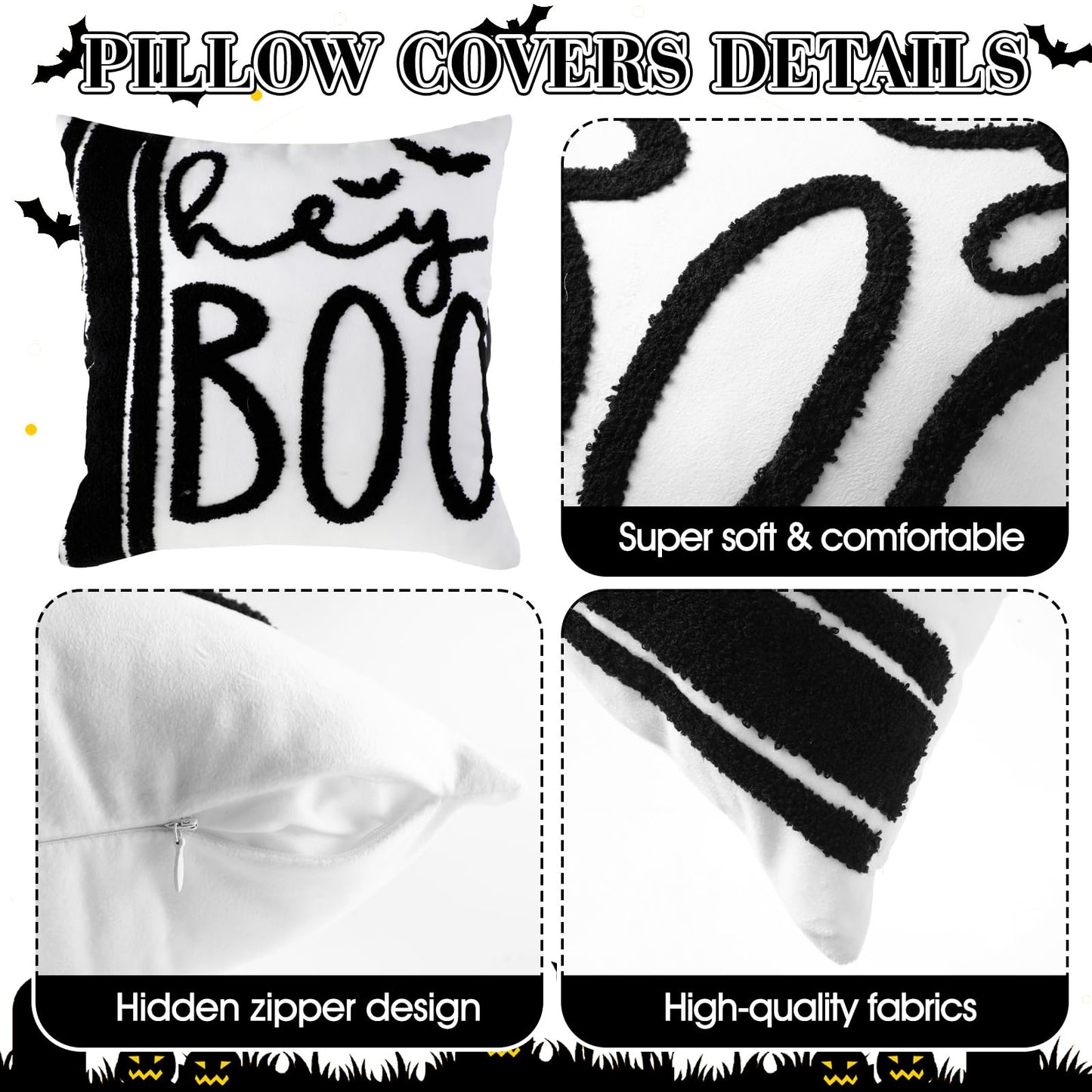 Beeveer 4 Pcs Halloween Throw Pillow Covers Set 18x18 Inch White Crochet Cute Ghost Pillow Case Embroidered Cushion Covers for Halloween Horror Farmhouse Couch Sofa Room Decor